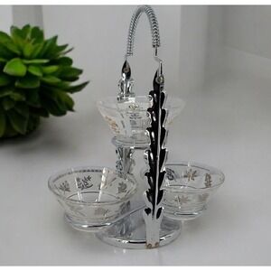 Vintage Tiered 3 Glass Relish‎ Bowl Set with Chrome Caddy Handle Candy Nut MCM
